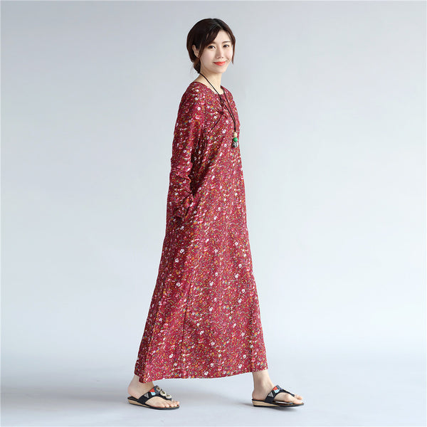 Women Eastern Style Tea Length Printed Hangfu Type Linen and Cotton Dress