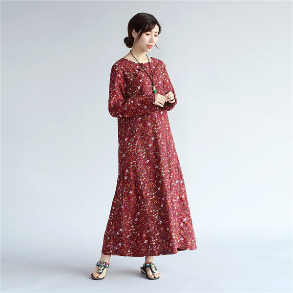 Women Eastern Style Tea Length Printed Hangfu Type Linen and Cotton Dress