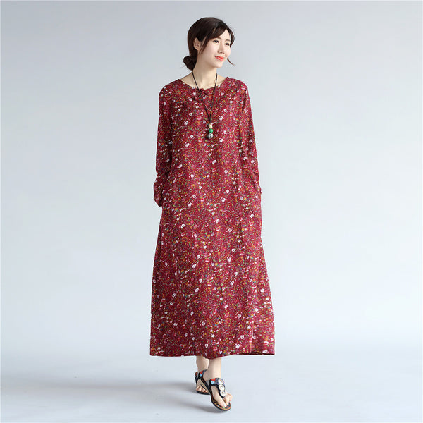 Women Eastern Style Tea Length Printed Hangfu Type Linen and Cotton Dress