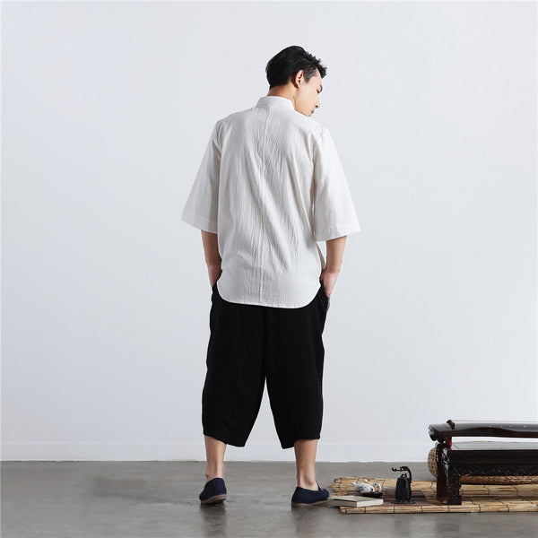 Men White Thin Zen Style Linen and Cotton Short Sleeve Tops