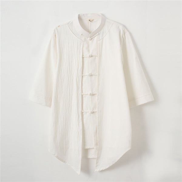 Men White Thin Zen Style Linen and Cotton Short Sleeve Tops