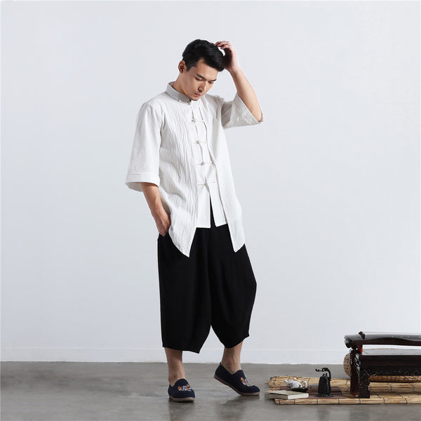 Men White Thin Zen Style Linen and Cotton Short Sleeve Tops