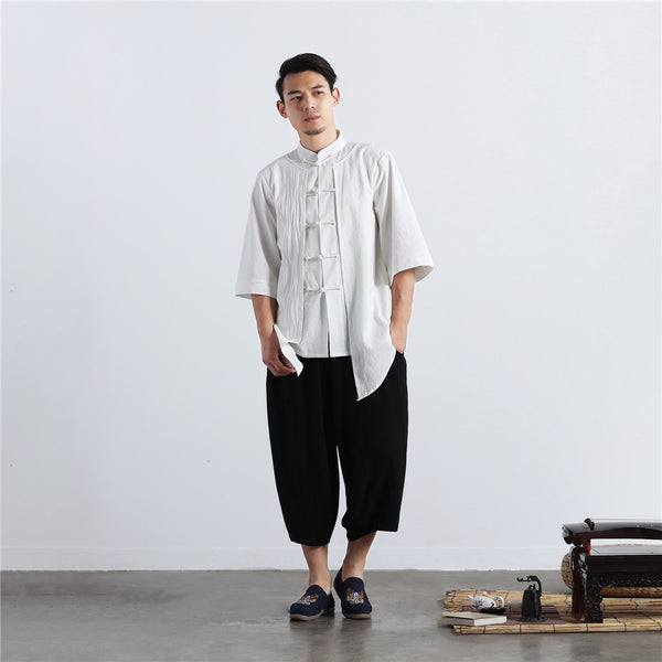 Men White Thin Zen Style Linen and Cotton Short Sleeve Tops