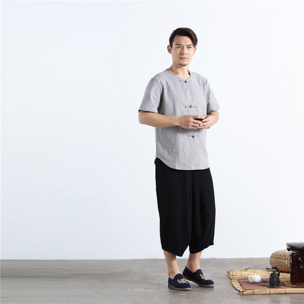 Men Buckle Zen Style Linen and Cotton Short Sleeve Tops