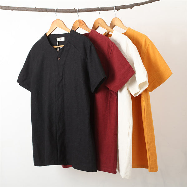 Men Casual loose Round Neck Short Sleeve Hanfu Kungfu Linen and Cotton Tops