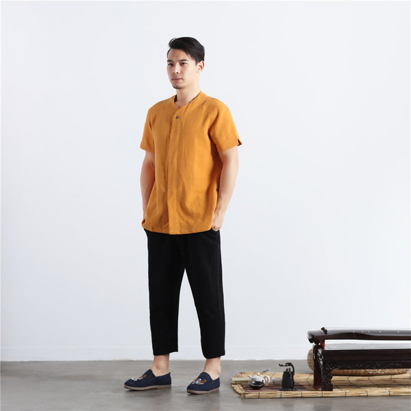 Men Casual loose Round Neck Short Sleeve Hanfu Kungfu Linen and Cotton Tops