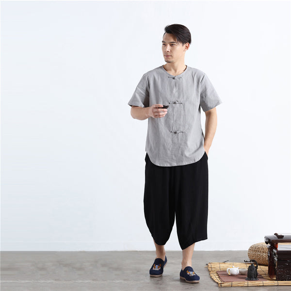 Men Buckle Zen Style Linen and Cotton Short Sleeve Tops