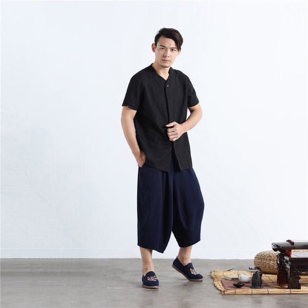 Men Casual loose Round Neck Short Sleeve Hanfu Kungfu Linen and Cotton Tops