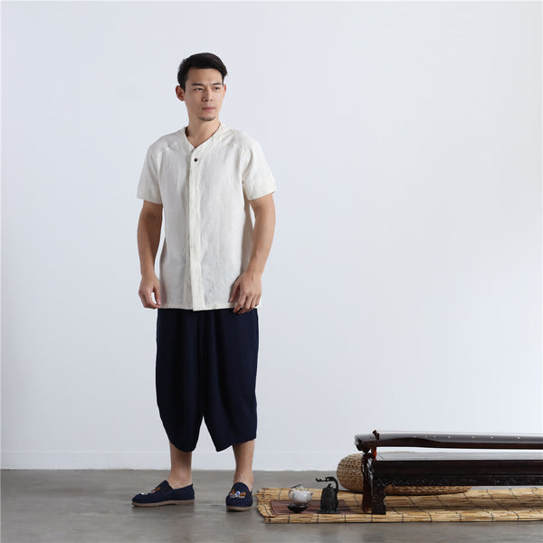 Men Casual loose Round Neck Short Sleeve Hanfu Kungfu Linen and Cotton Tops