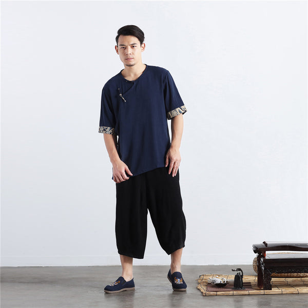 Men Chinese Folk Style Short Sleeve Linen and Cotton T-shirts Tops