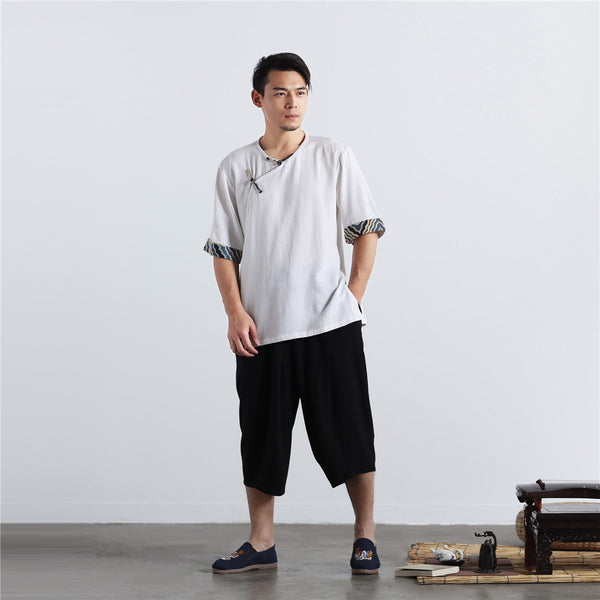 Men Chinese Folk Style Short Sleeve Linen and Cotton T-shirts Tops