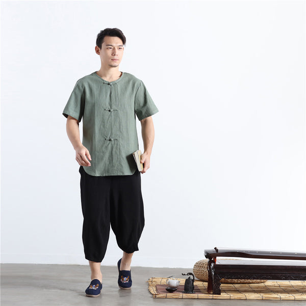 Men Buckle Zen Style Linen and Cotton Short Sleeve Tops