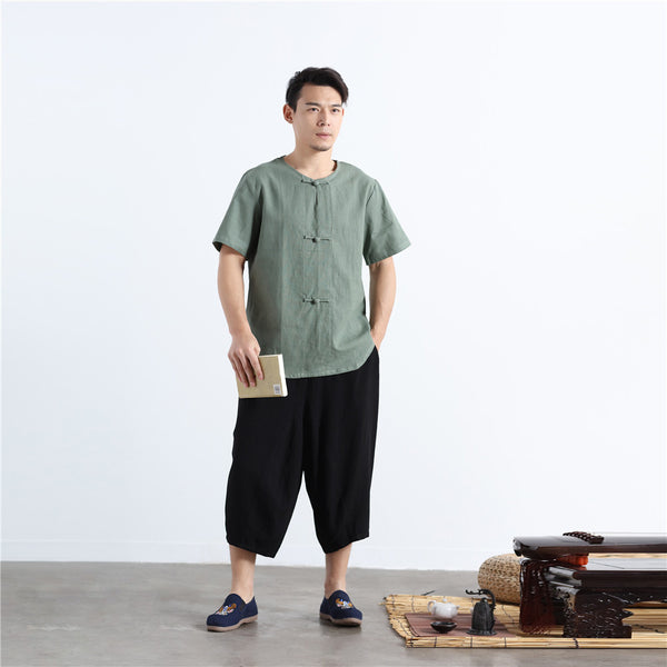Men Buckle Zen Style Linen and Cotton Short Sleeve Tops