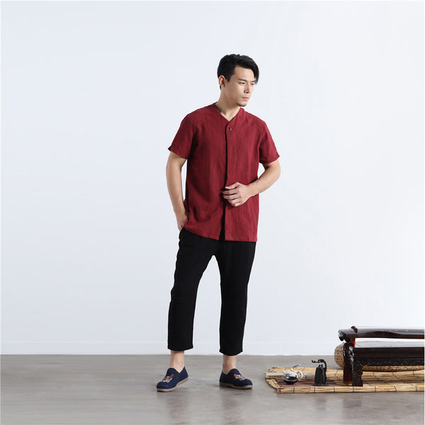 Men Casual loose Round Neck Short Sleeve Hanfu Kungfu Linen and Cotton Tops