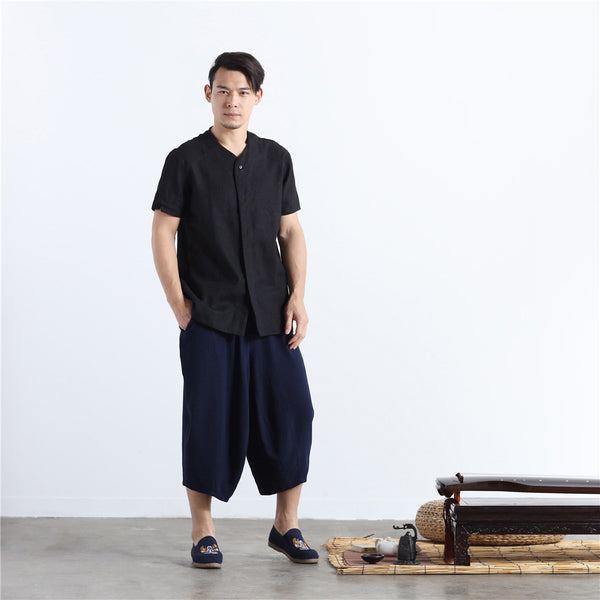 Men Casual loose Round Neck Short Sleeve Hanfu Kungfu Linen and Cotton Tops