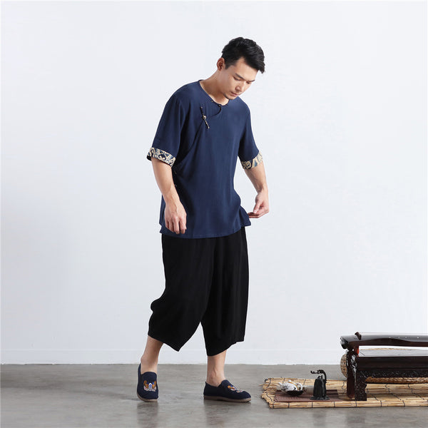 Men Chinese Folk Style Short Sleeve Linen and Cotton T-shirts Tops