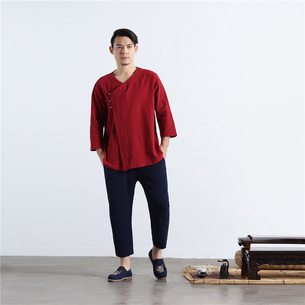 Men Asian Retro Zen Style Linen and Cotton 3/4 Sleeve Tops