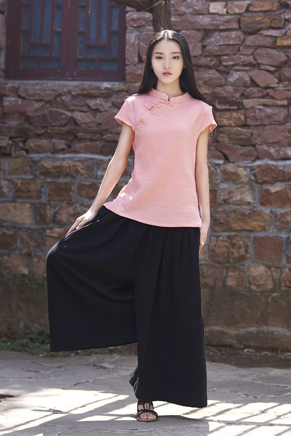 Original Retro Asian Style Slim Women’s cotton and linen Short-Sleeve blouses