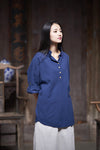 Simple Retro Style Linen and Cotton Half Button Collar Bracelet Sleeve Shirt