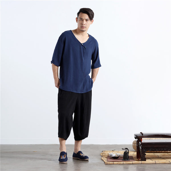 Men Thin Wide Zen Style Linen and Cotton Middle Sleeve Tops