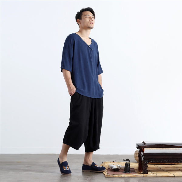 Men Thin Wide Zen Style Linen and Cotton Middle Sleeve Tops