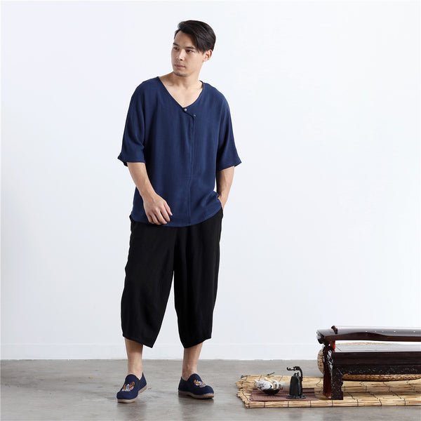 Men Thin Wide Zen Style Linen and Cotton Middle Sleeve Tops