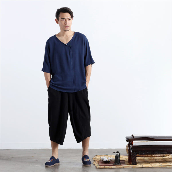 Men Thin Wide Zen Style Linen and Cotton Middle Sleeve Tops