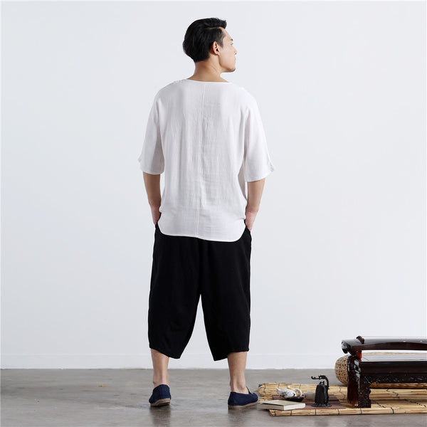 Men Thin Wide Zen Style Linen and Cotton Middle Sleeve Tops