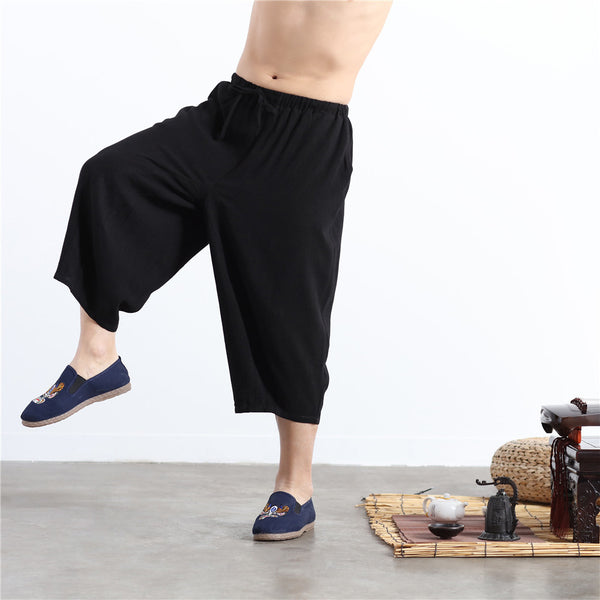 Men Casual Simple Pure Color Cotton and Linen Hanging Crotch Cropped Pants