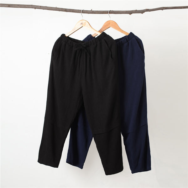 Men Casual Simple Pure Color Cotton and Linen Straight Type Cropped Pants