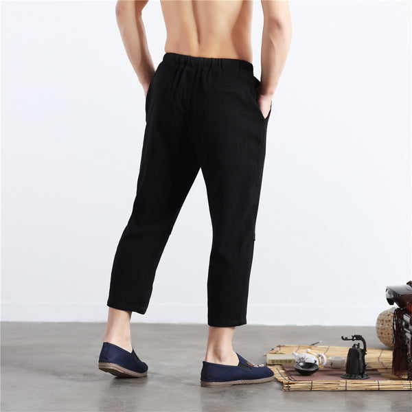 Men Casual Simple Pure Color Cotton and Linen Straight Type Cropped Pants