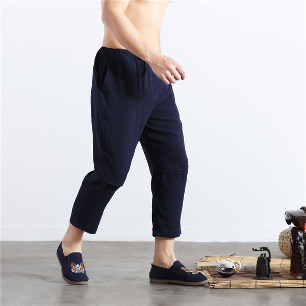 Men Casual Simple Pure Color Cotton and Linen Straight Type Cropped Pants