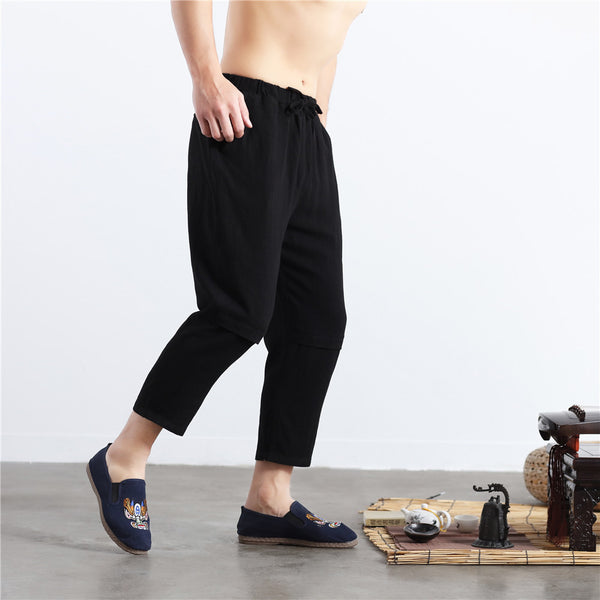 Men Casual Simple Pure Color Cotton and Linen Straight Type Cropped Pants