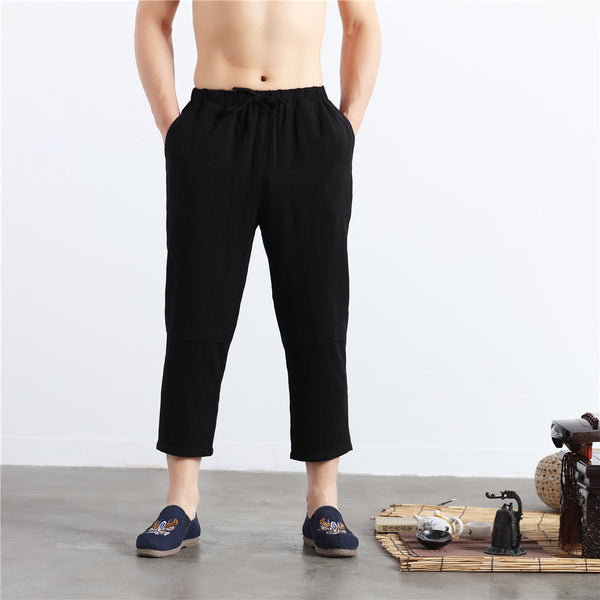 Men Casual Simple Pure Color Cotton and Linen Straight Type Cropped Pants