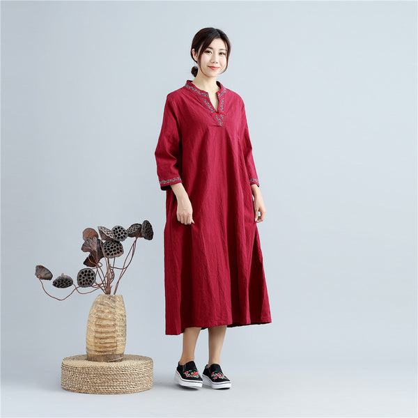 Women Asian Type Women Linen and Cotton Embroidered Tea Length Dress