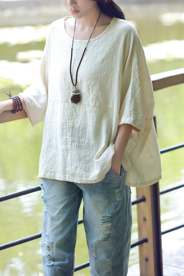 Retro Loose Large Size Round Neck Women Cotton and Linen T-shirt