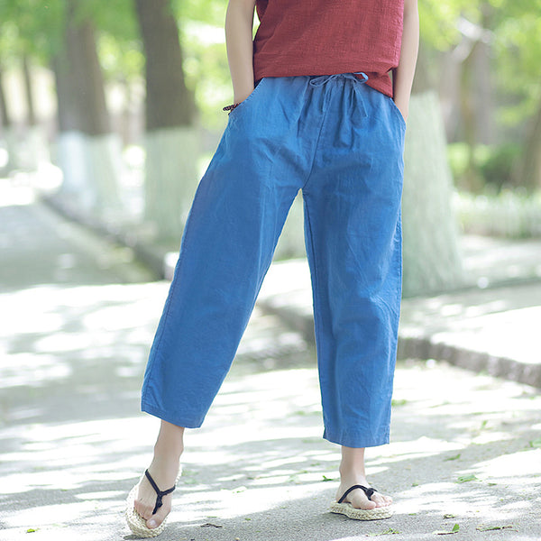 Women Simple Casual Light Linen and Cotton Cropped Pant (Capri)