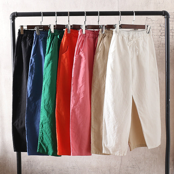 Women Simple Casual Light Linen and Cotton Cropped Pant (Capri)