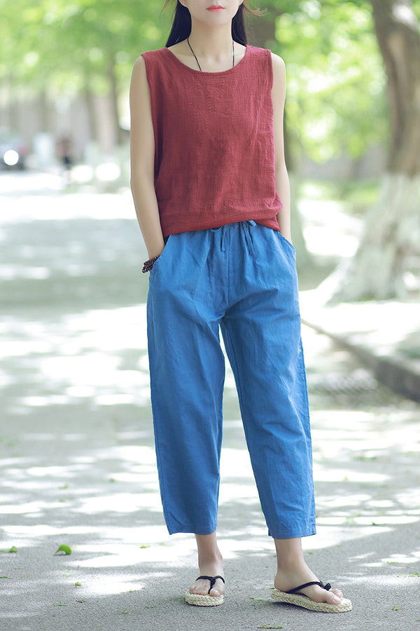 Women Simple Casual Light Linen and Cotton Cropped Pant (Capri)