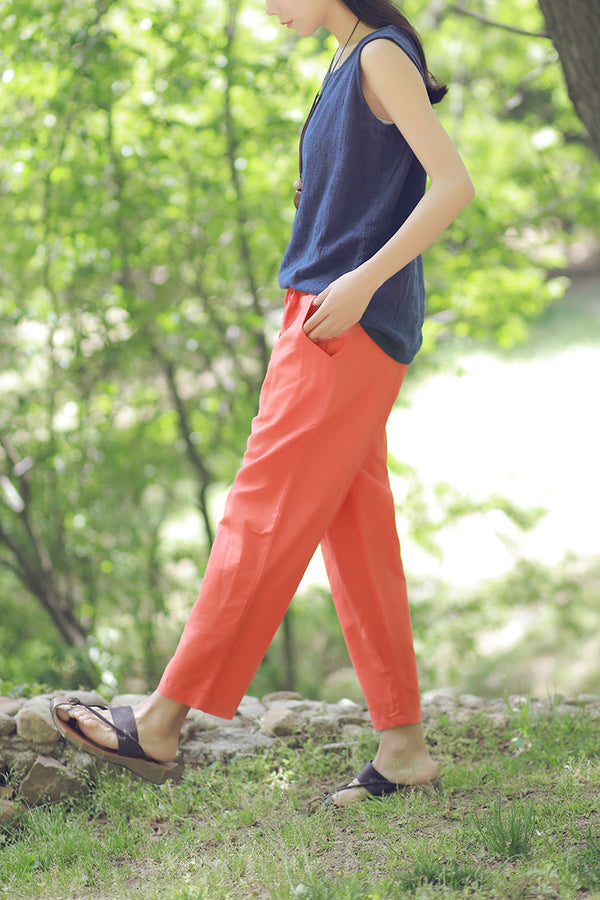 Women Simple Casual Light Linen and Cotton Cropped Pant (Capri)