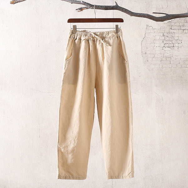 Women Simple Casual Light Linen and Cotton Cropped Pant (Capri)