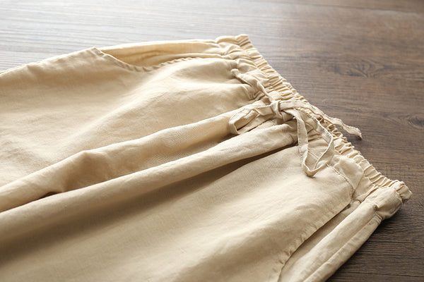 Women Simple Casual Light Linen and Cotton Cropped Pant (Capri)