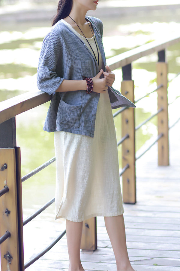 Pure Color Loose Women Cotton and Linen Cardigan Shirt
