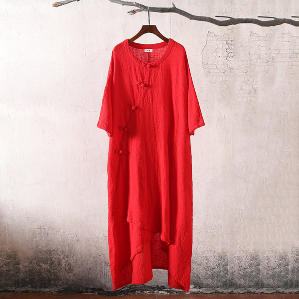 Women Retro Buckle Short-sleeved Linen and Cotton Dress