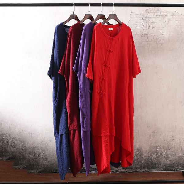 Women Retro Buckle Short-sleeved Linen and Cotton Dress