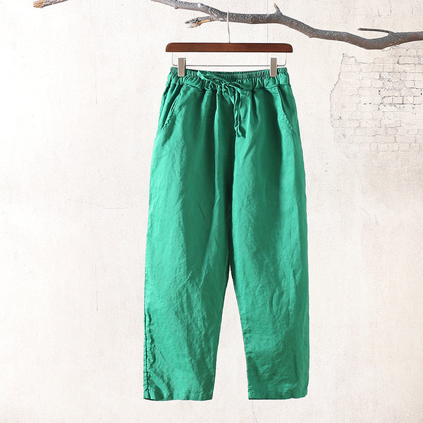 Women Simple Casual Light Linen and Cotton Cropped Pant (Capri)