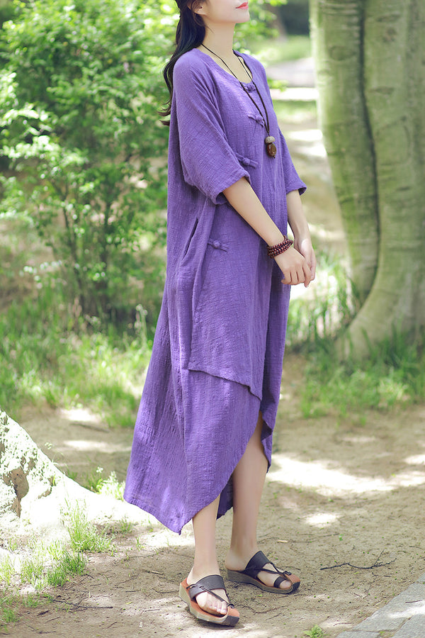 Women Retro Buckle Short-sleeved Linen and Cotton Dress