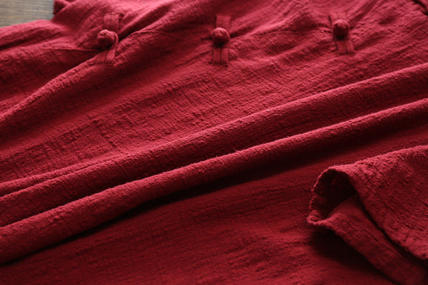 Women Retro Buckle Short-sleeved Linen and Cotton Dress
