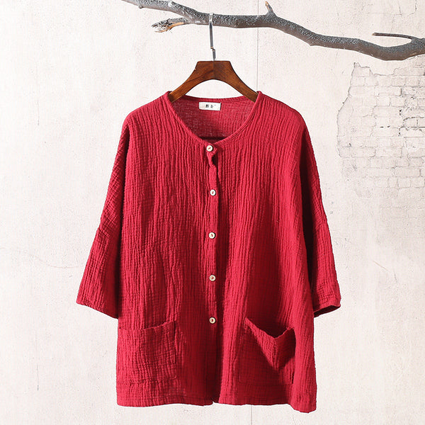 Pure Color Loose Women Cotton and Linen Cardigan Shirt