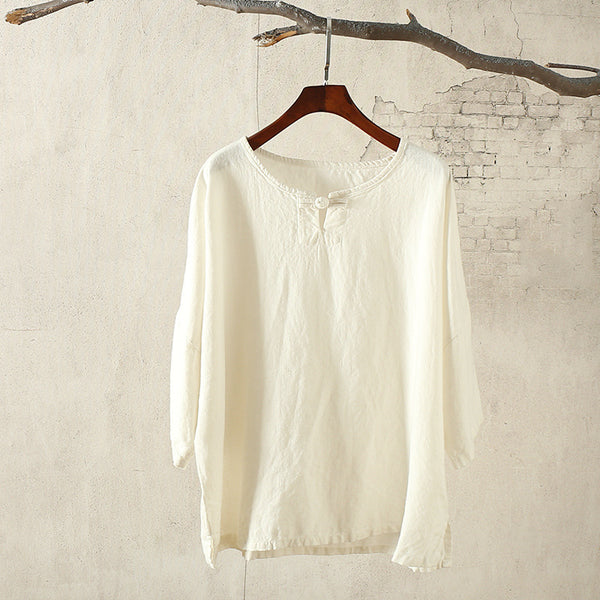 Retro Loose Flax Middle Sleeved Women Linen and Cotton T-shirt